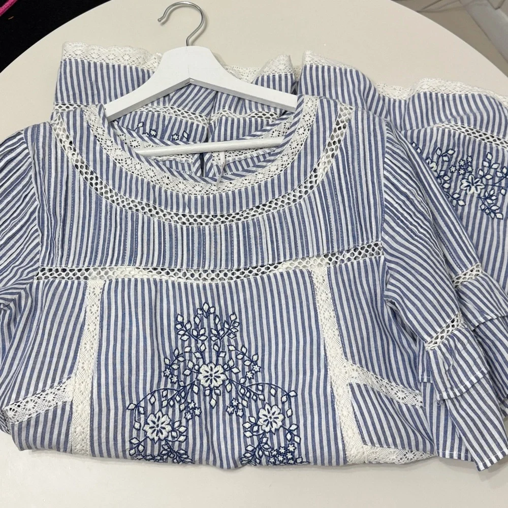 Free People Sunny‎ Days Trapeze Dress Blue White